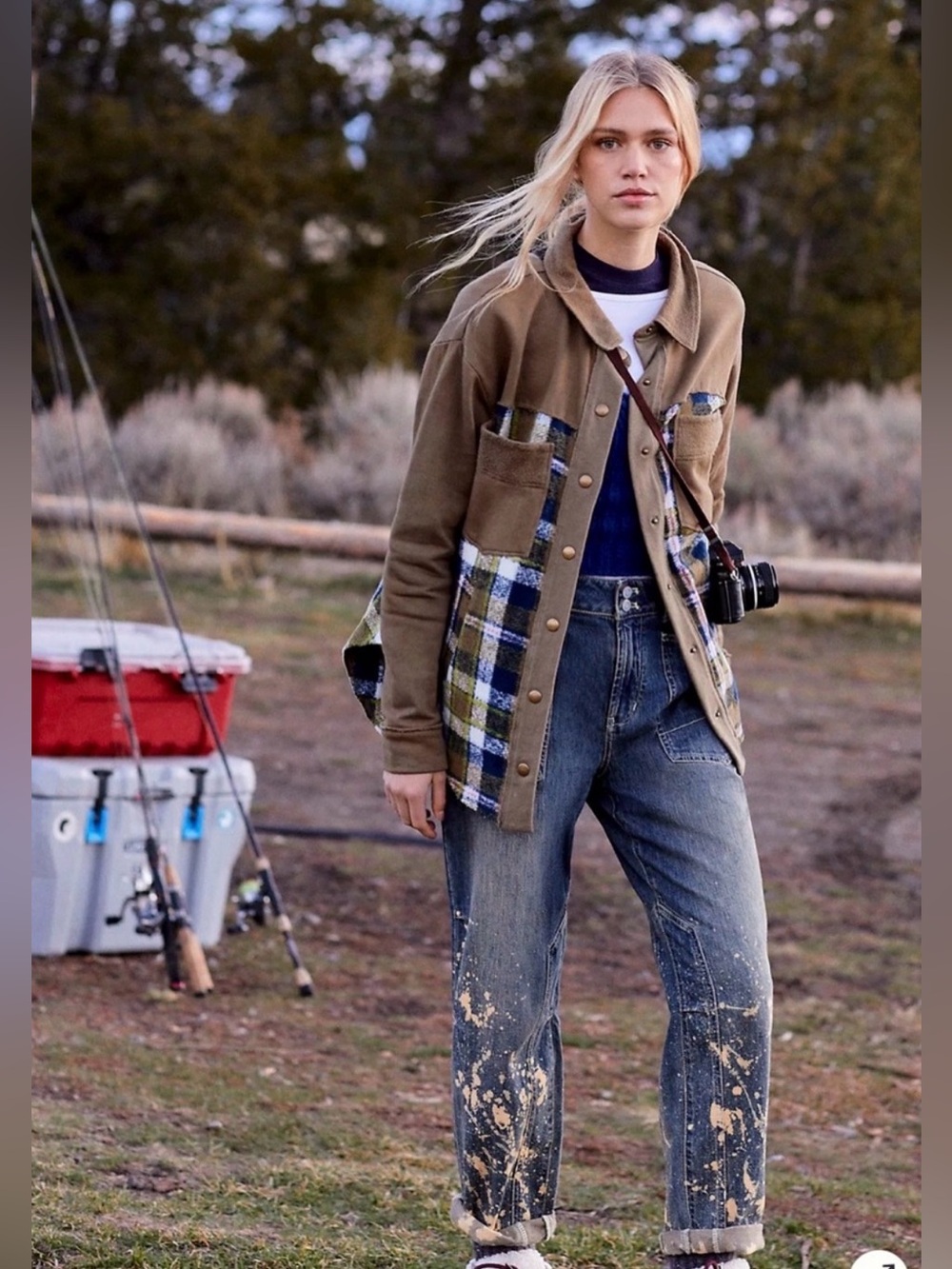 Anthropologie PILCRO Olive plaid snap up shacket size L - Picture 4 of 10